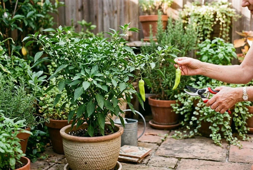 Firm green pepperoncini being snipped into an enamel colander