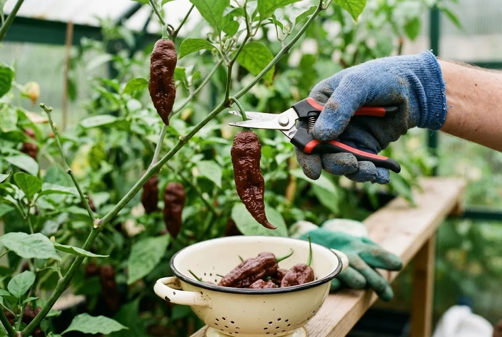 Gloved hands harvesting a ripe brown Chocolate Bhut Jolokia