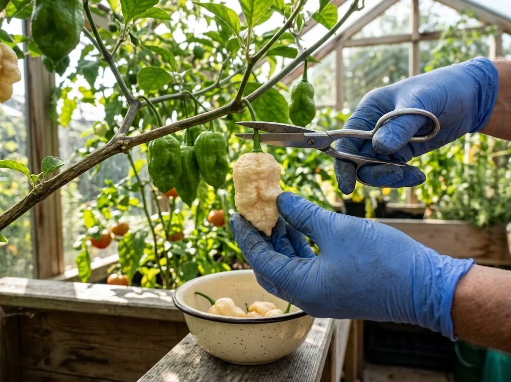 Gloved hands cutting one ivory White Ghost pepper from the plant over an enamel bowl