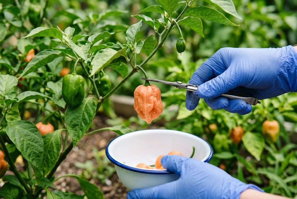 Gloved hands using clean snips to harvest a ripe Peach Habanero into an enamel bowl