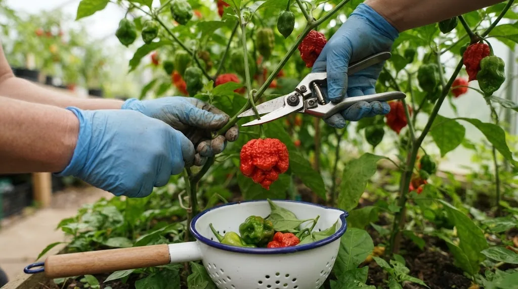 Gloved hands snipping a ripe red pepper into an enamel colander