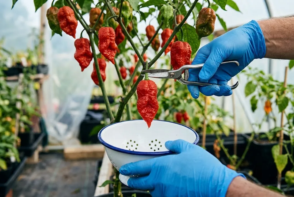 A gloved hand cuts a ripe Dorset Naga pod from the plant into a colander