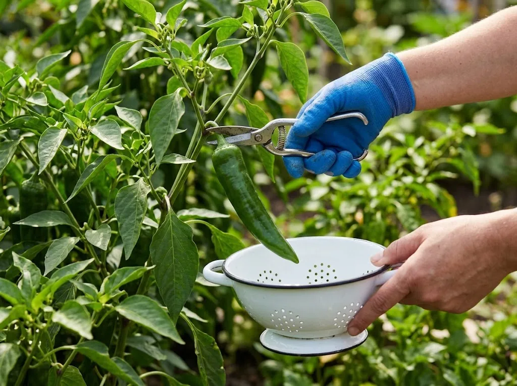 Gloved hand snipping a green Sandia pepper into an enamel colander