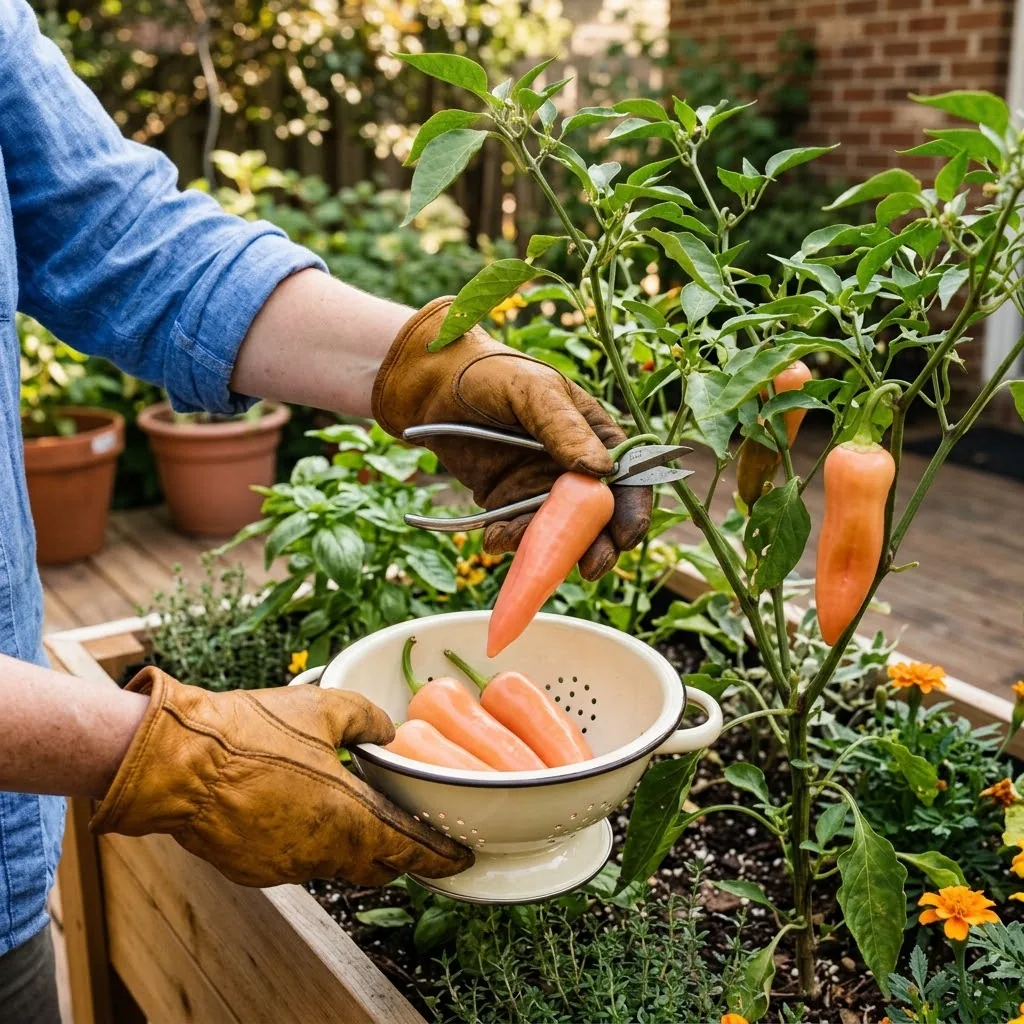 Gloved hand harvesting a ripe Sugar Rush Peach pepper from the plant