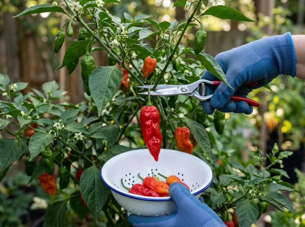 Gloved snips cutting one ripe red Hot Paper Lantern pod into an enamel colander