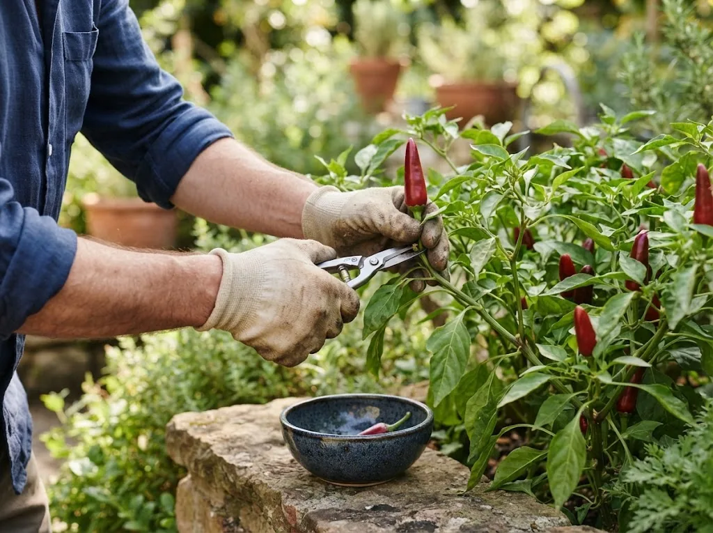 Gloved hands clipping a ripe pepper into a bowl beside the plant