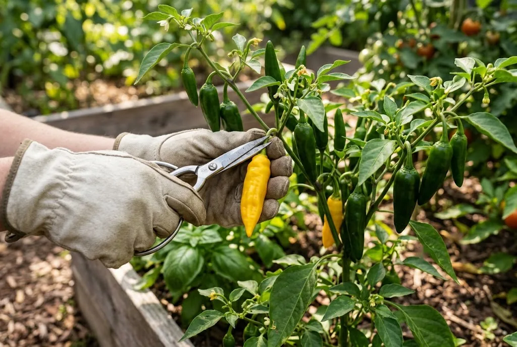 Harvesting a ripe Ají Lemon Drop pepper from the plant