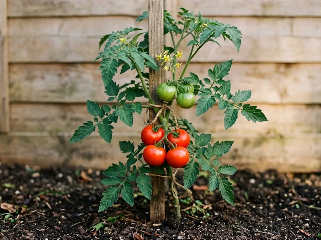 Red and green tomatoes and yellow flowers growing together on one vine