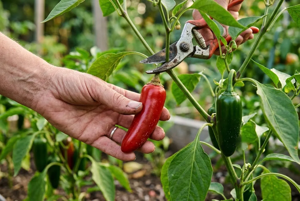 A red jalapeño being clipped from its plant into a colander