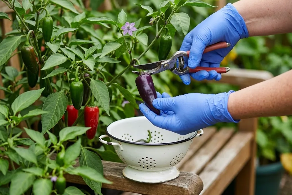 Gloved gardener snipping a violet Purple Jalapeño pod into a colander