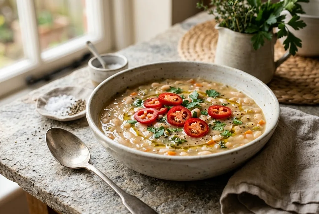 White bean soup garnished with thin slices of ripe red jalapeño