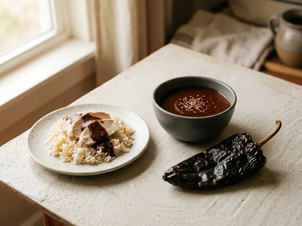 Bowl of dark mole sauce served with chicken and rice beside one dried Mulato pepper