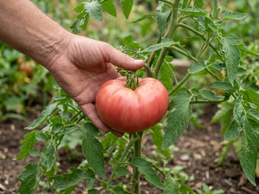 A pink-red Mortgage Lifter beefsteak tomato on a garden vine