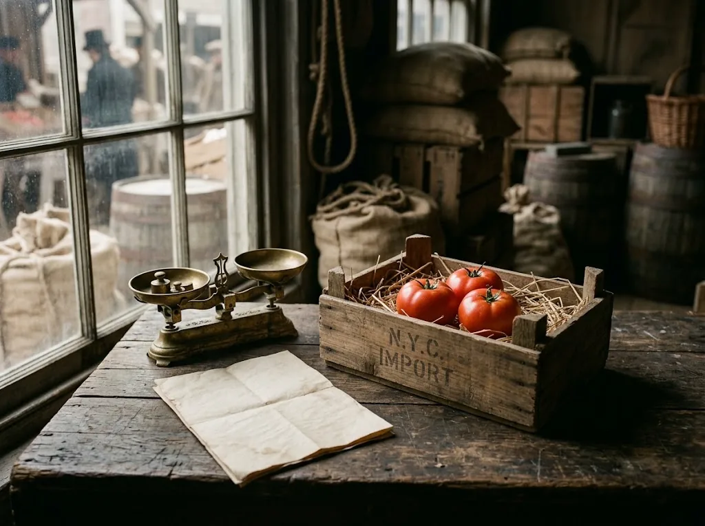 Three tomatoes in a wooden produce crate beside folded customs papers and a brass scale