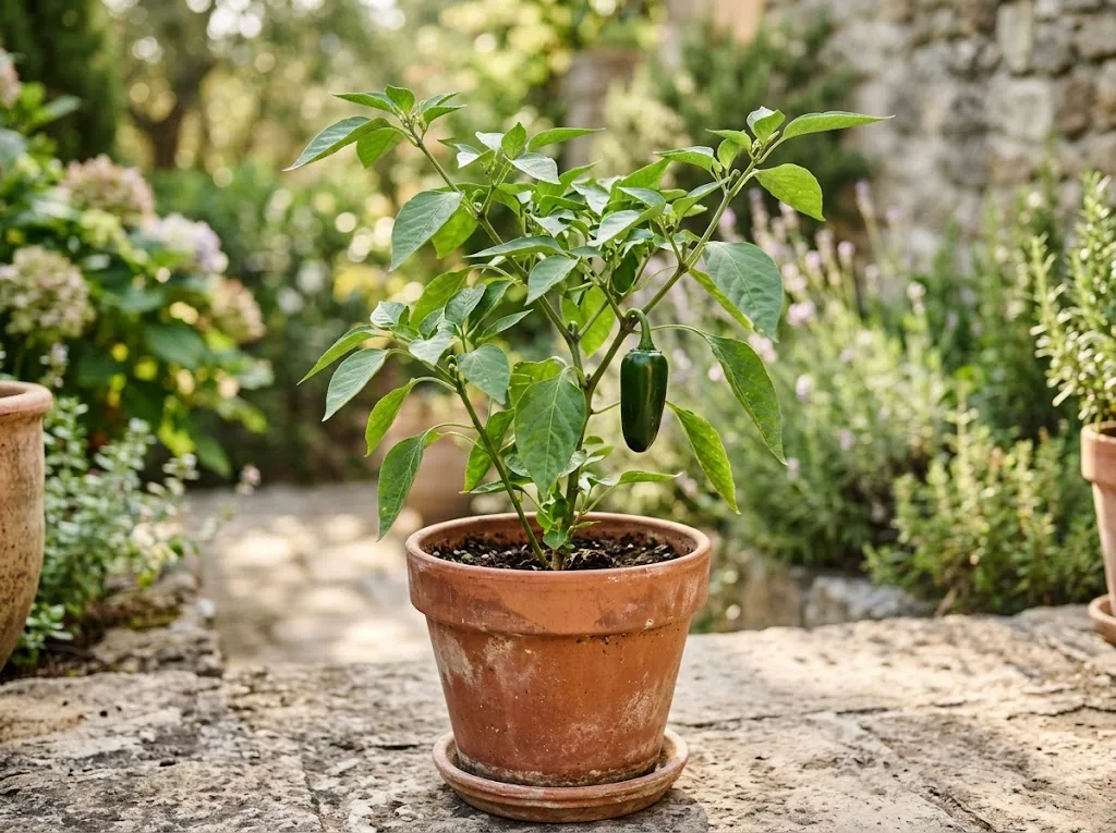 One immature green jalapeño attached to a leafy pepper plant