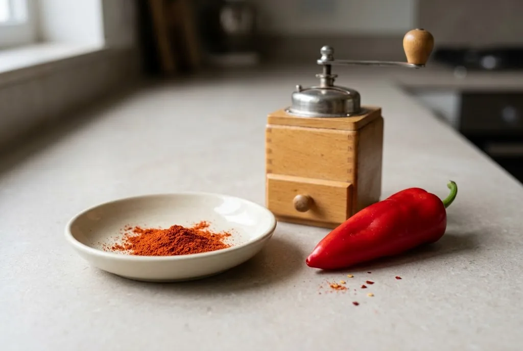 One ripe red Feher Ozon pepper sits beside ground sweet paprika in a ceramic dish