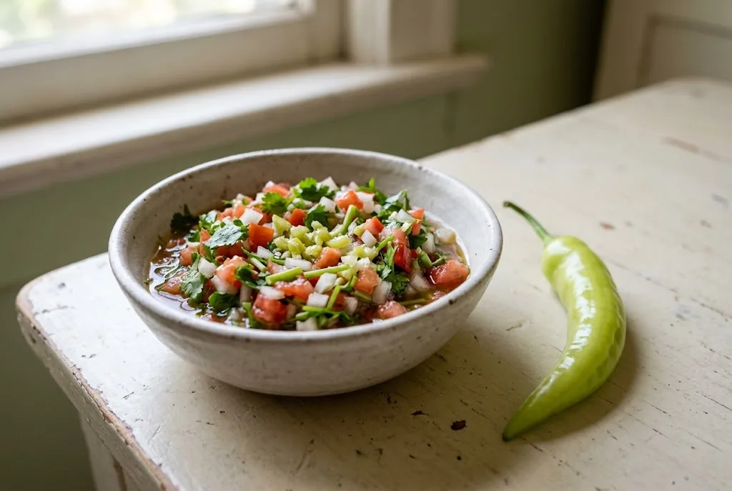 Pebre salsa with chopped pale-green Aji Cristal, tomato, onion, and cilantro in a ceramic bowl.