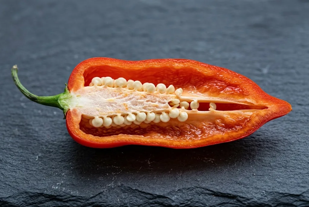 Halved ripe red habanero pepper on dark slate showing white inner placenta and internal ribs