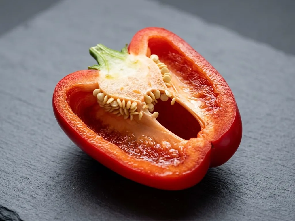 Halved ripe red Capsicum annuum pepper on slate showing exocarp, mesocarp, placenta, and seeds