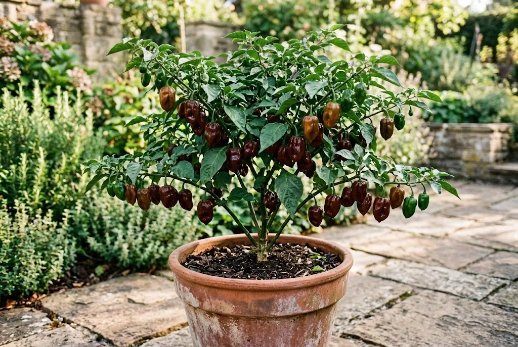 Mature fruiting chocolate habanero chili plant growing in a five-gallon container on a sunny patio