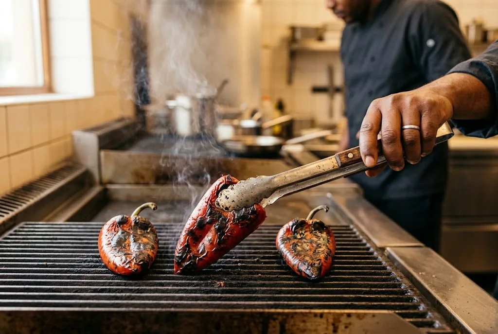 Red Piquillo peppers blistering on a grill as they are turned with tongs