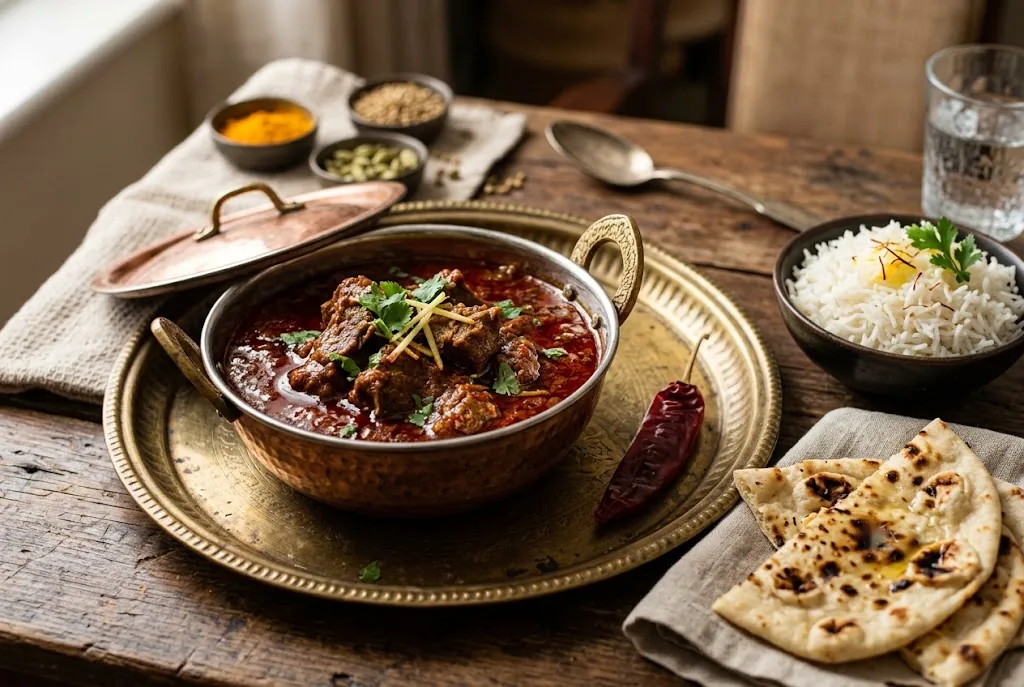 Rogan josh in a copper handi with deep crimson gravy and one whole dried Kashmiri chili pod beside it on a brass tray, with basmati rice and naan