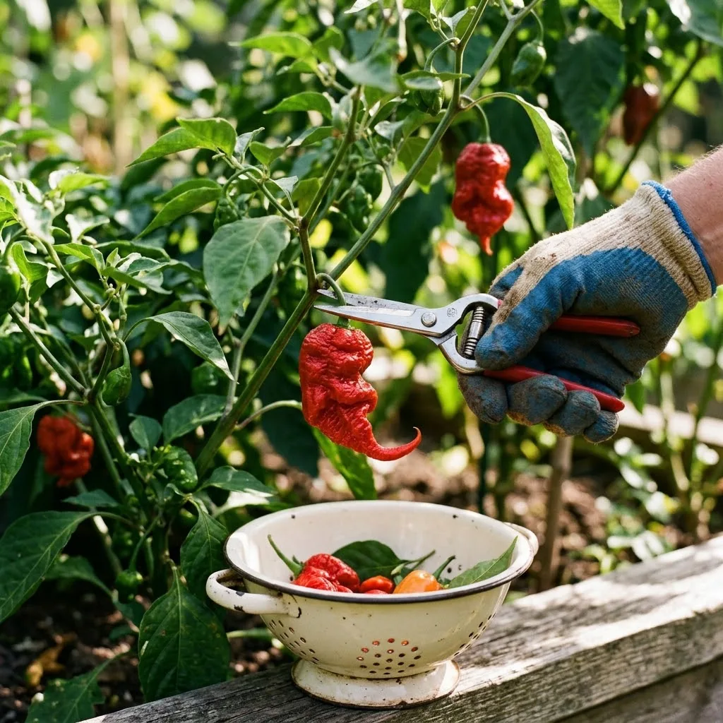 A gloved hand snips a ripe red Death Spiral pepper from its plant