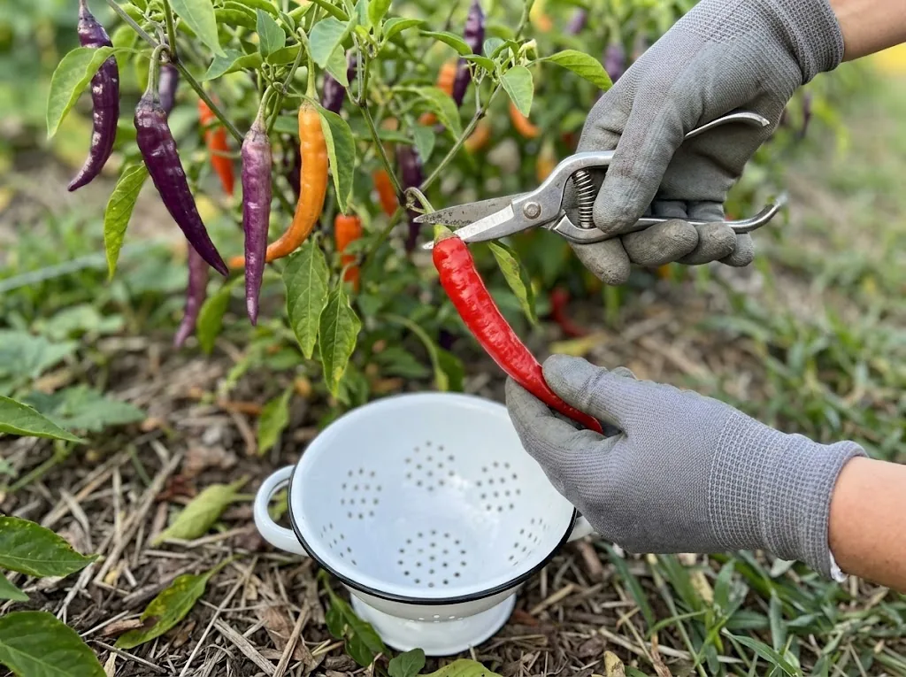 Gloved hands cutting one Buena Mulata pepper over an empty colander