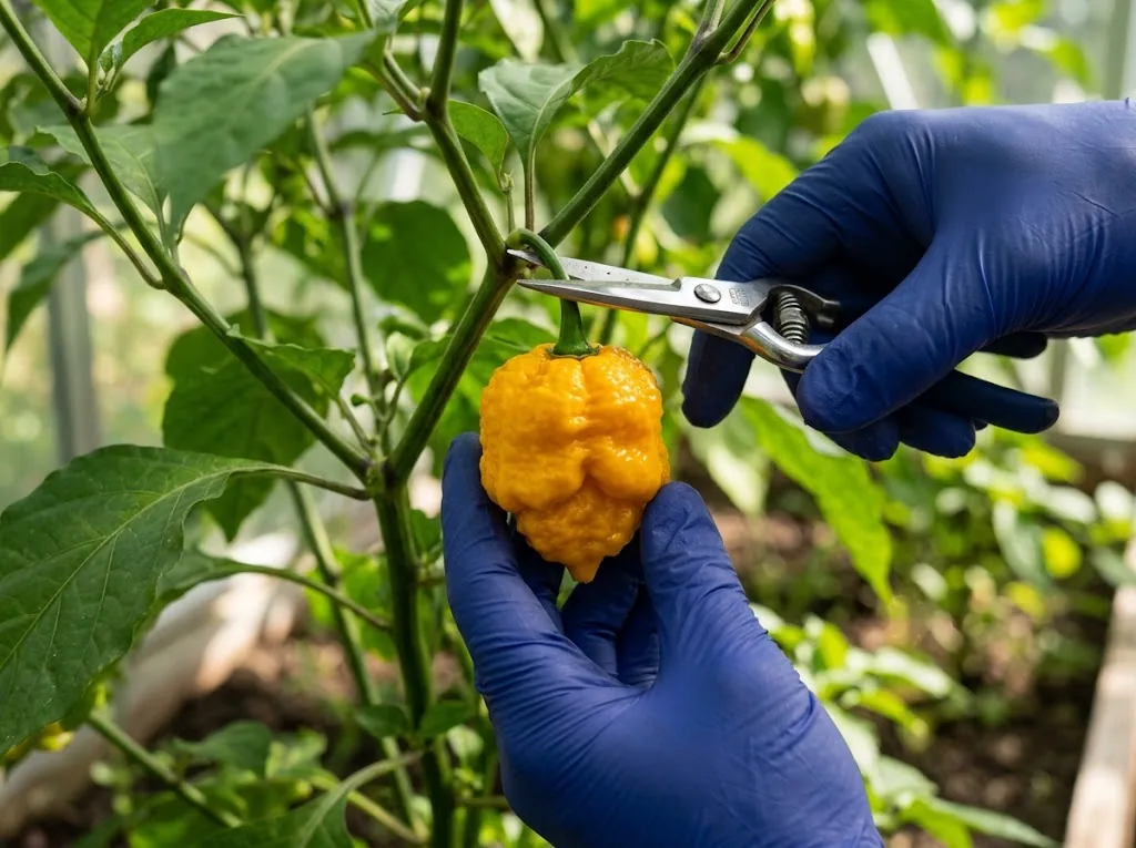 Gloved hand cutting a ripe 7 Pot Yellow pepper from its plant
