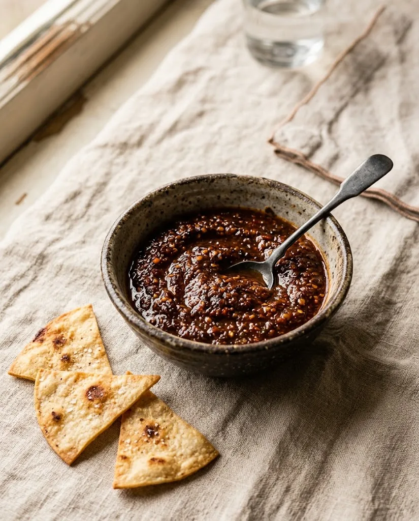 Deep red Morita salsa in a ceramic bowl with tortilla chips