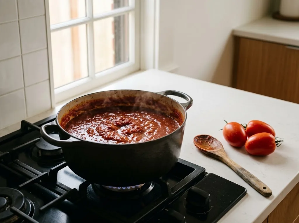 Thick red tomato sauce simmering in a pot beside ripe paste tomatoes