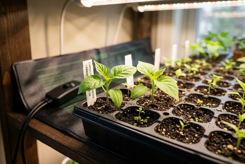 Healthy young Capsicum chinense pepper seedlings with true leaves in a cell tray