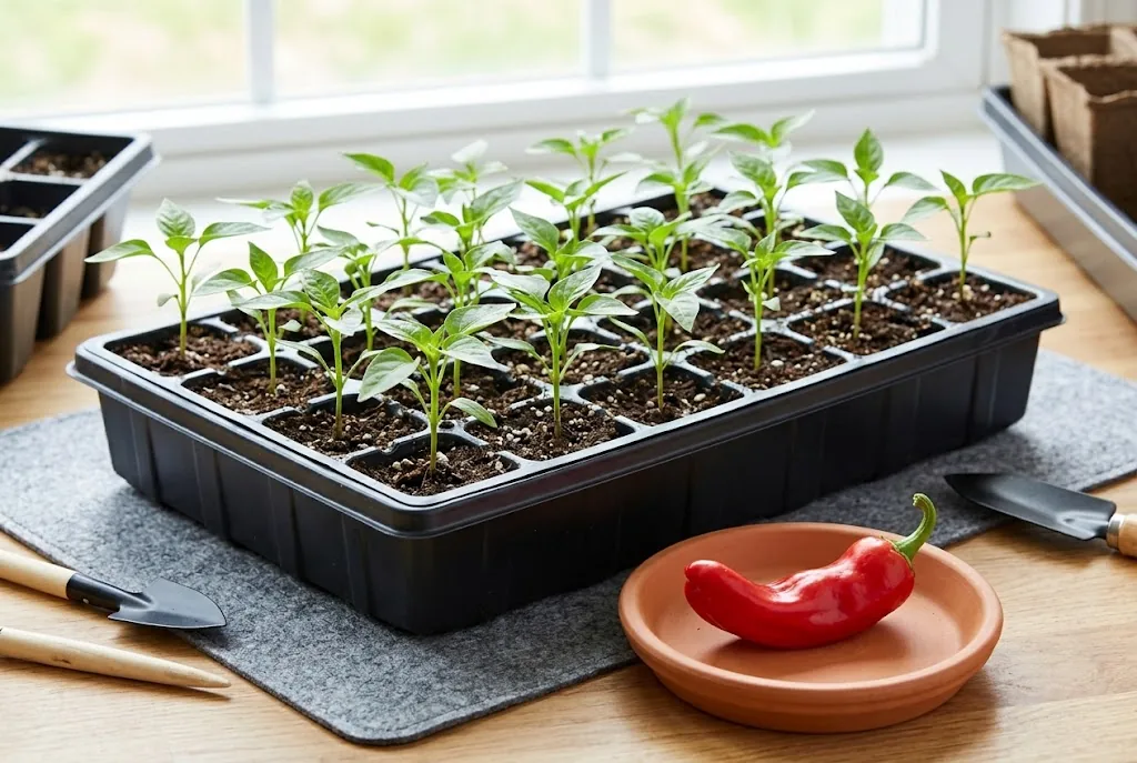 Pepper seedlings in a tray beside a ripe Peter pepper on a saucer