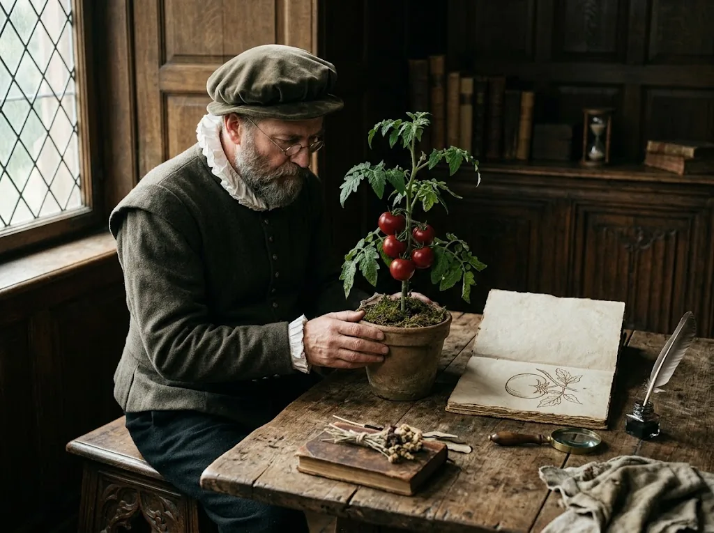 A sixteenth-century botanist studying a potted tomato plant