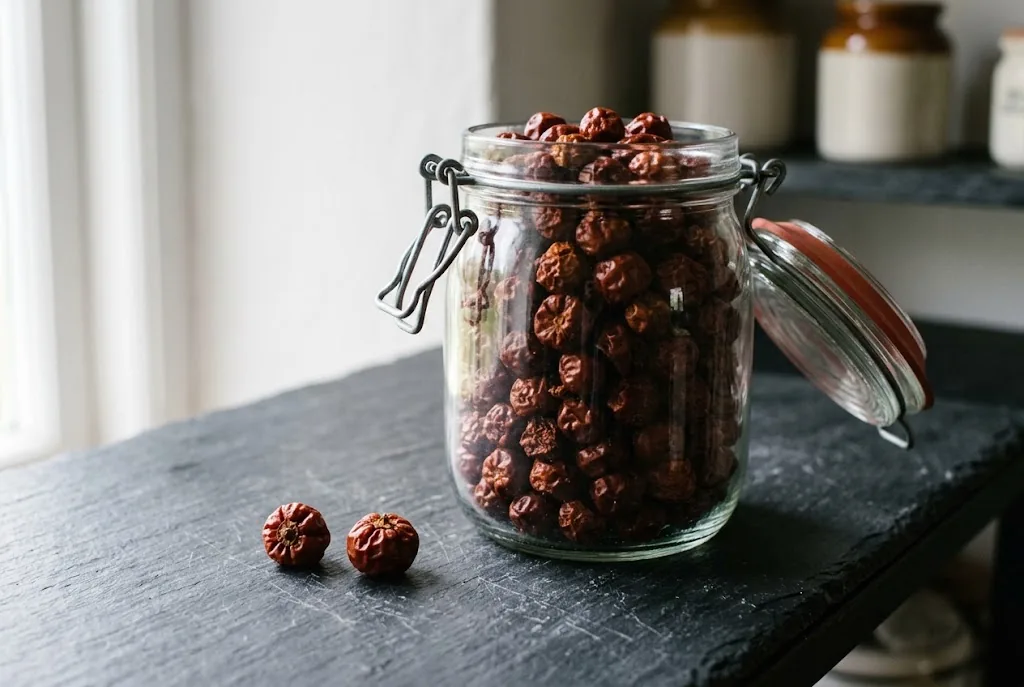 Dried Black Pearl peppers stored in a glass jar