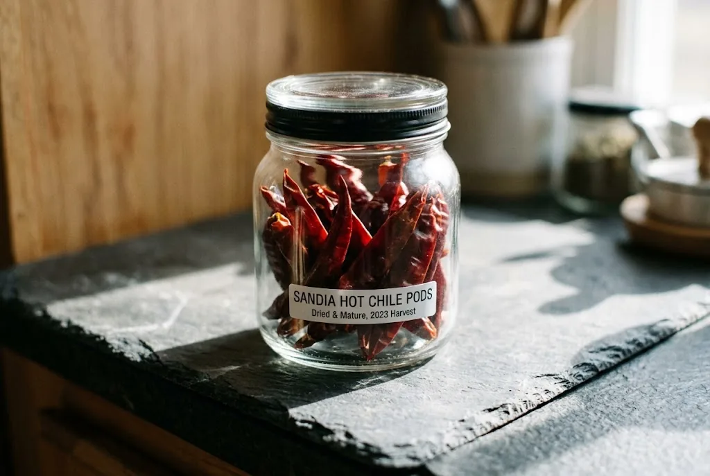 Fully dried Sandia Hot peppers stored in an airtight jar
