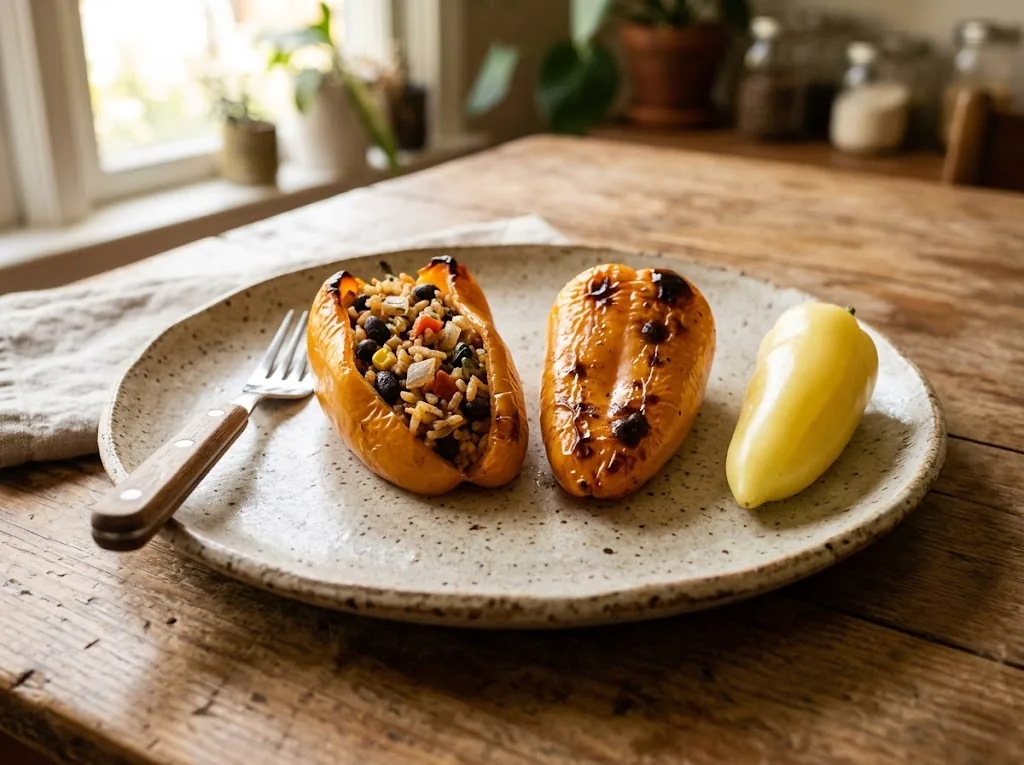 Roasted stuffed Santa Fe Grande peppers served with an intact pod on a ceramic plate