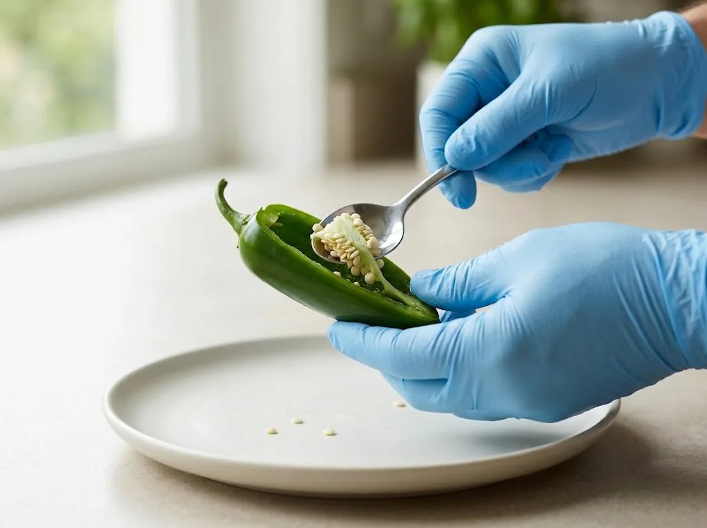 Blue-gloved hands lifting a jalapeño's pale inner rib and attached seeds over a plate with a spoon
