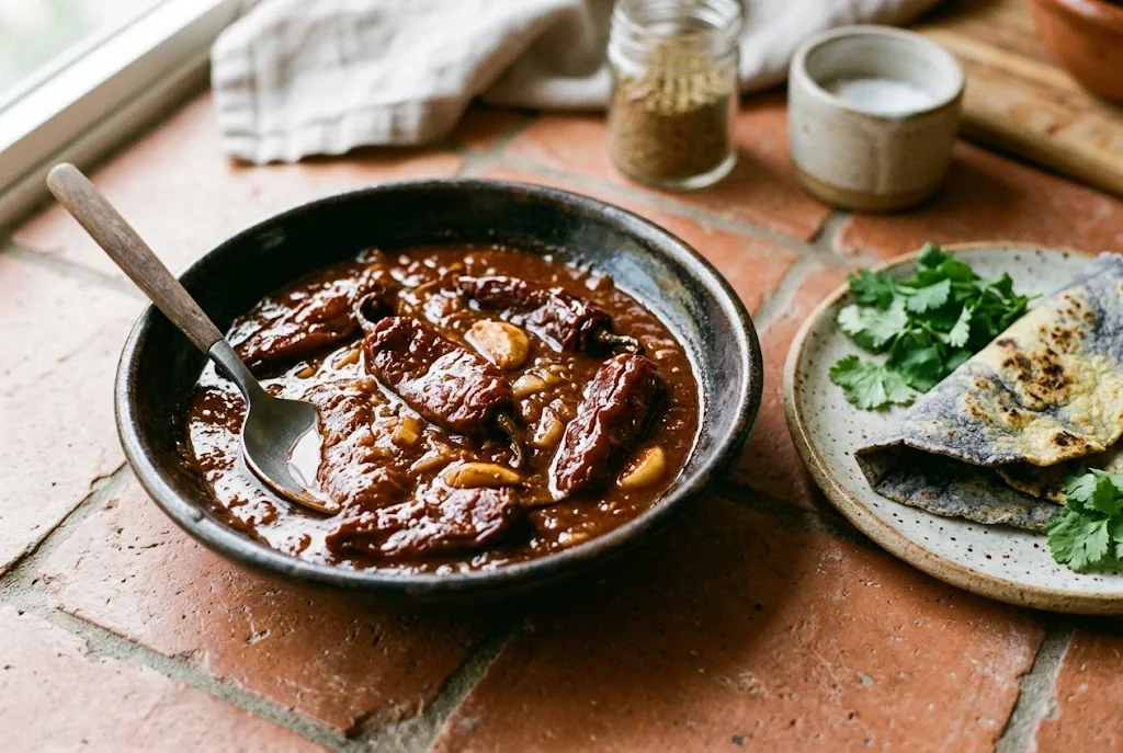 Homemade chipotles en adobo sauce in a ceramic bowl with warm corn tortillas