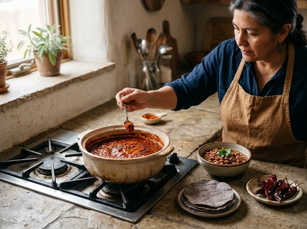 Chimayo chile stirred into red sauce beside beans and blue corn tortillas