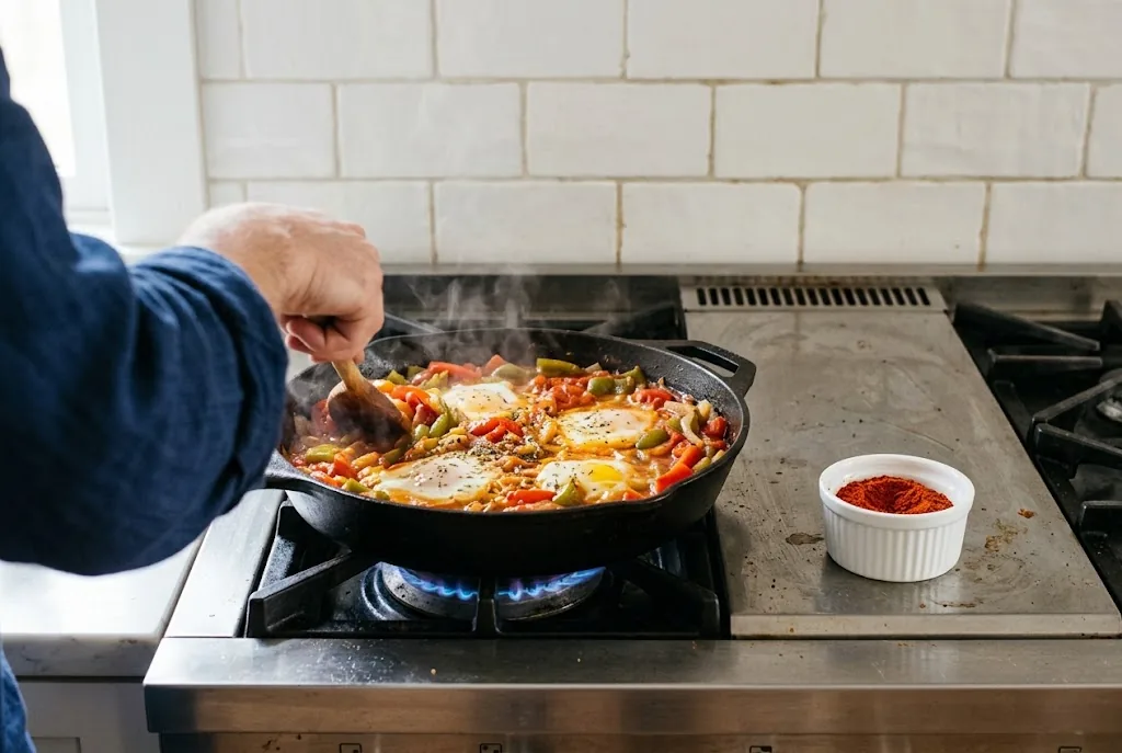 Piperade simmering on a stainless-steel stove with Espelette pepper powder nearby