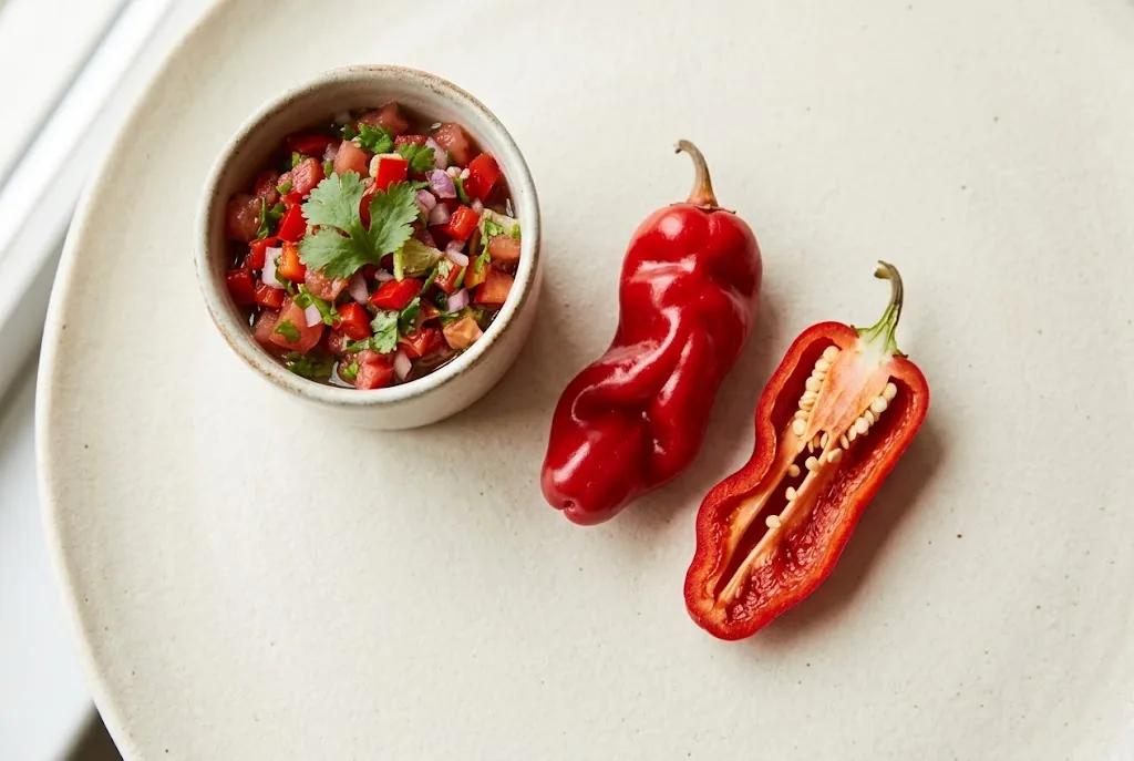 Whole and halved Peter pepper beside a bowl of fresh salsa