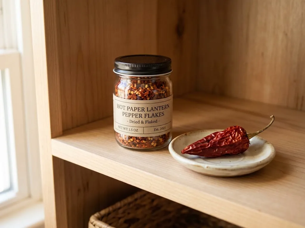 Jar of dried Hot Paper Lantern flakes with one dried pod on a ceramic saucer