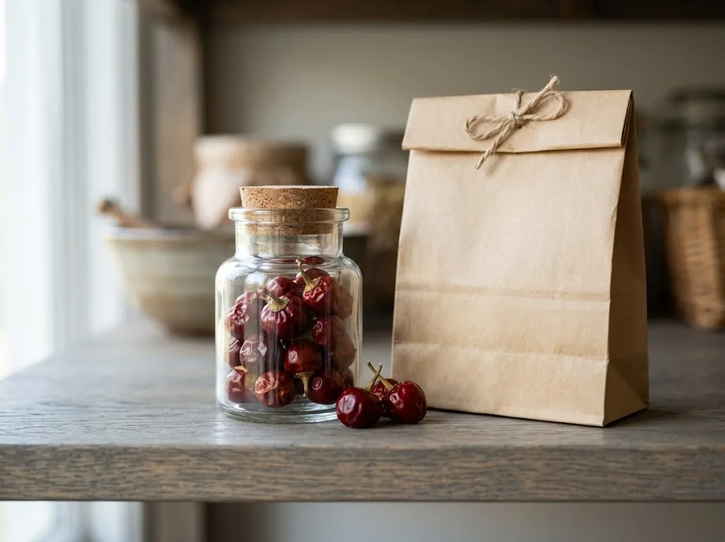 Fully dried Wiri Wiri peppers stored in a small clear jar.