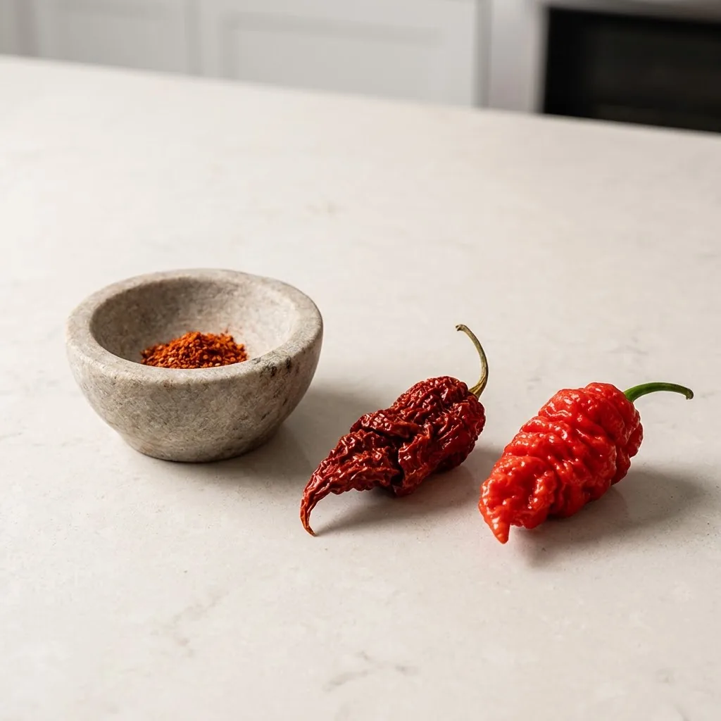 Dried Death Spiral pepper and a small amount of pepper powder beside a mortar
