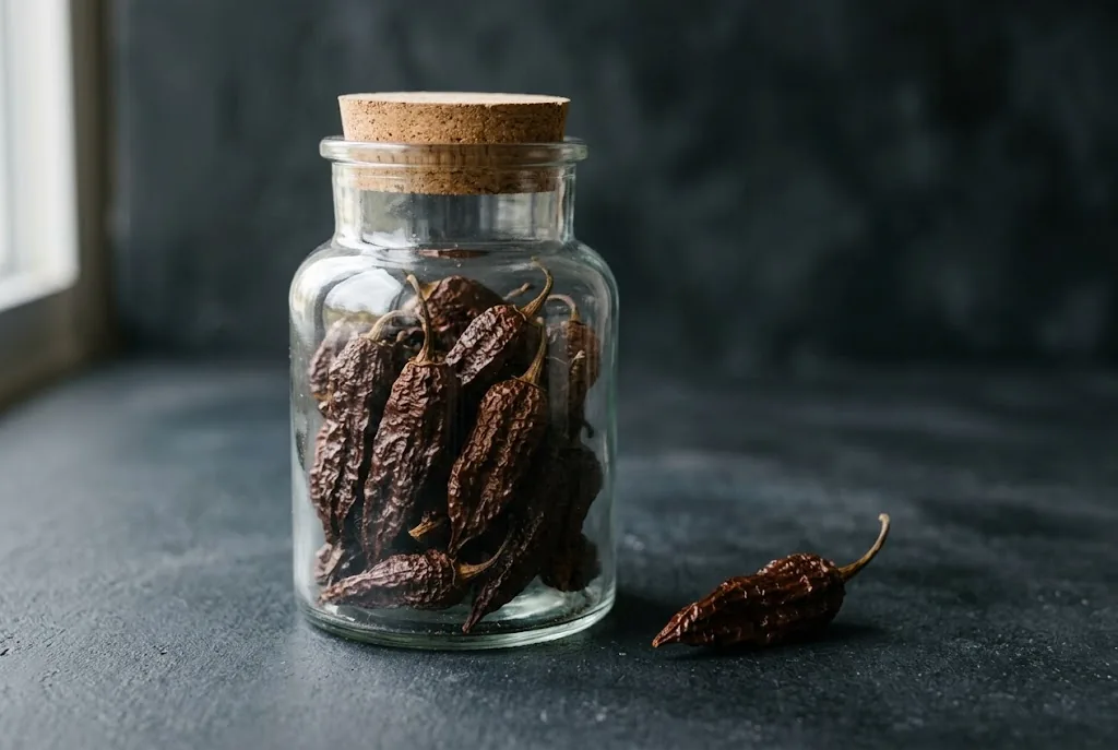 Dried brown Chocolate Bhut Jolokia pods stored in an airtight glass jar