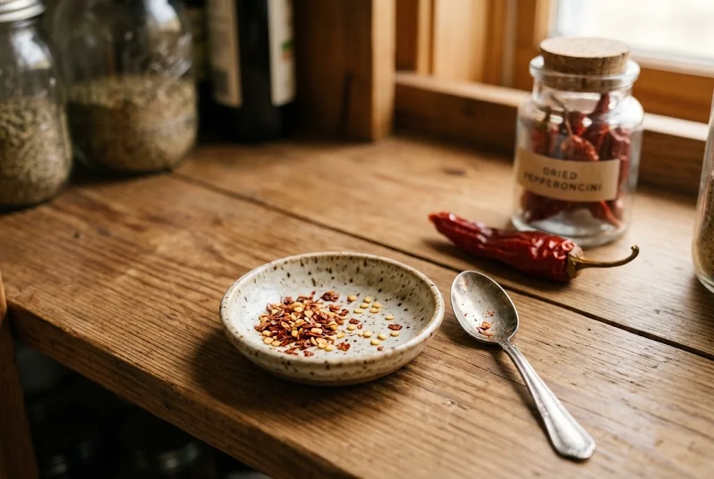 Red ripe pepperoncini drying beside a jar of pepper flakes