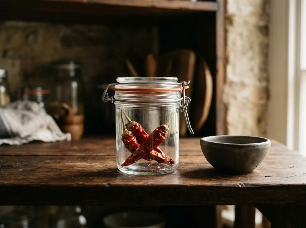 A glass jar holding three dried Rooster Spur pods on a dark pantry shelf