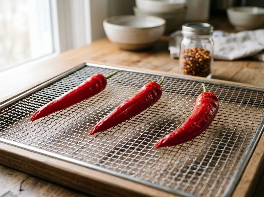 Three Buena Mulata peppers drying separately on a wire mesh rack