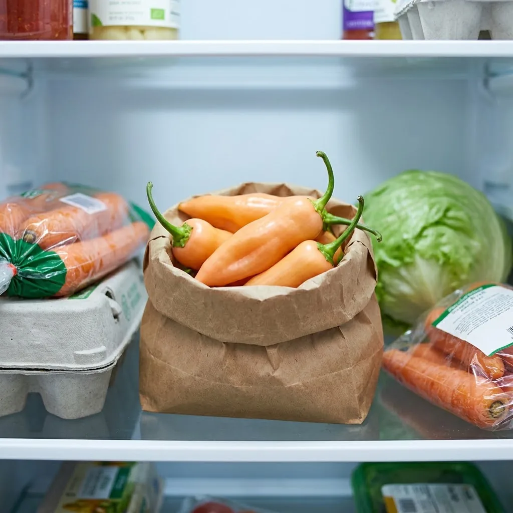 Ripe Sugar Rush Peach peppers in a paper produce bag on a refrigerator shelf